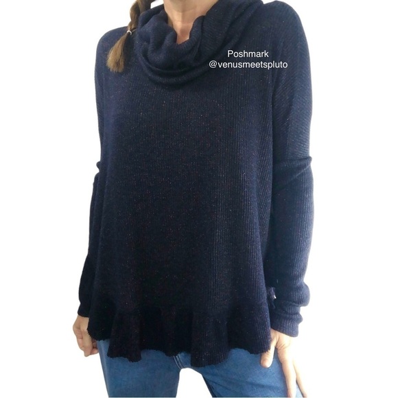 Anthropologie Post Mark Orley Sweater Ruffled Metallic XS S Wo's Navy Feminine - Picture 1 of 7